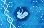 DNA and fetus on blue background.