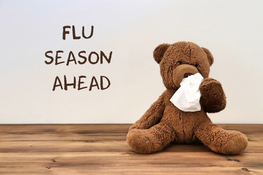 teddy bear wiping nose with tissue. wall behind says "flu season ahead".